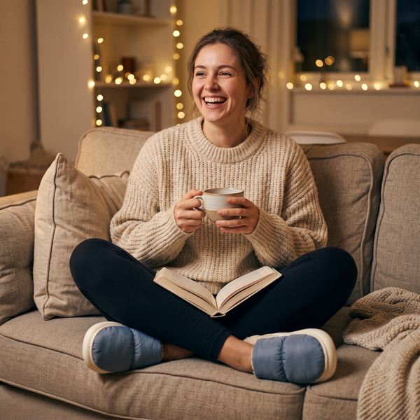 Young woman laughing on the sofa with a book and tea, in Denim Blue Cloowdy slippers