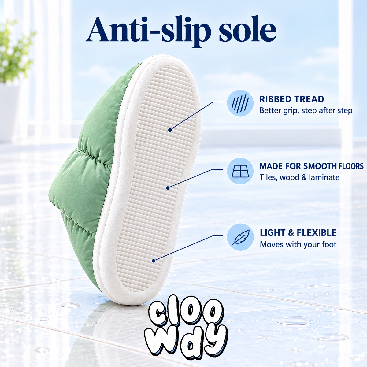 Anti-slip sole: ribbed tread, made for smooth floors, light and flexible