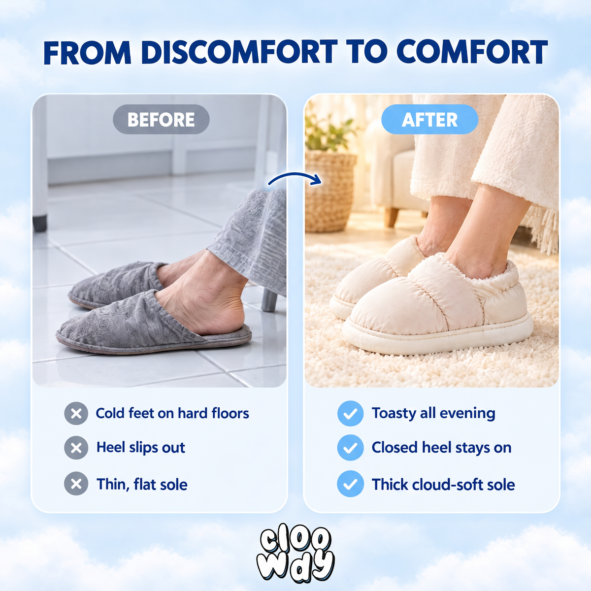 From discomfort to comfort: cold feet, heel slipping out and a thin flat sole before; toasty, closed heel and thick cloud-soft sole with Cloowdy