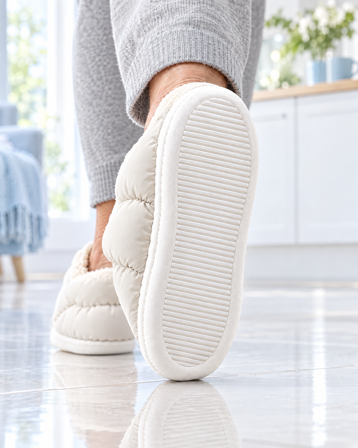 Close-up of the textured anti-slip sole of a cream Cloowdy slipper above a tiled floor