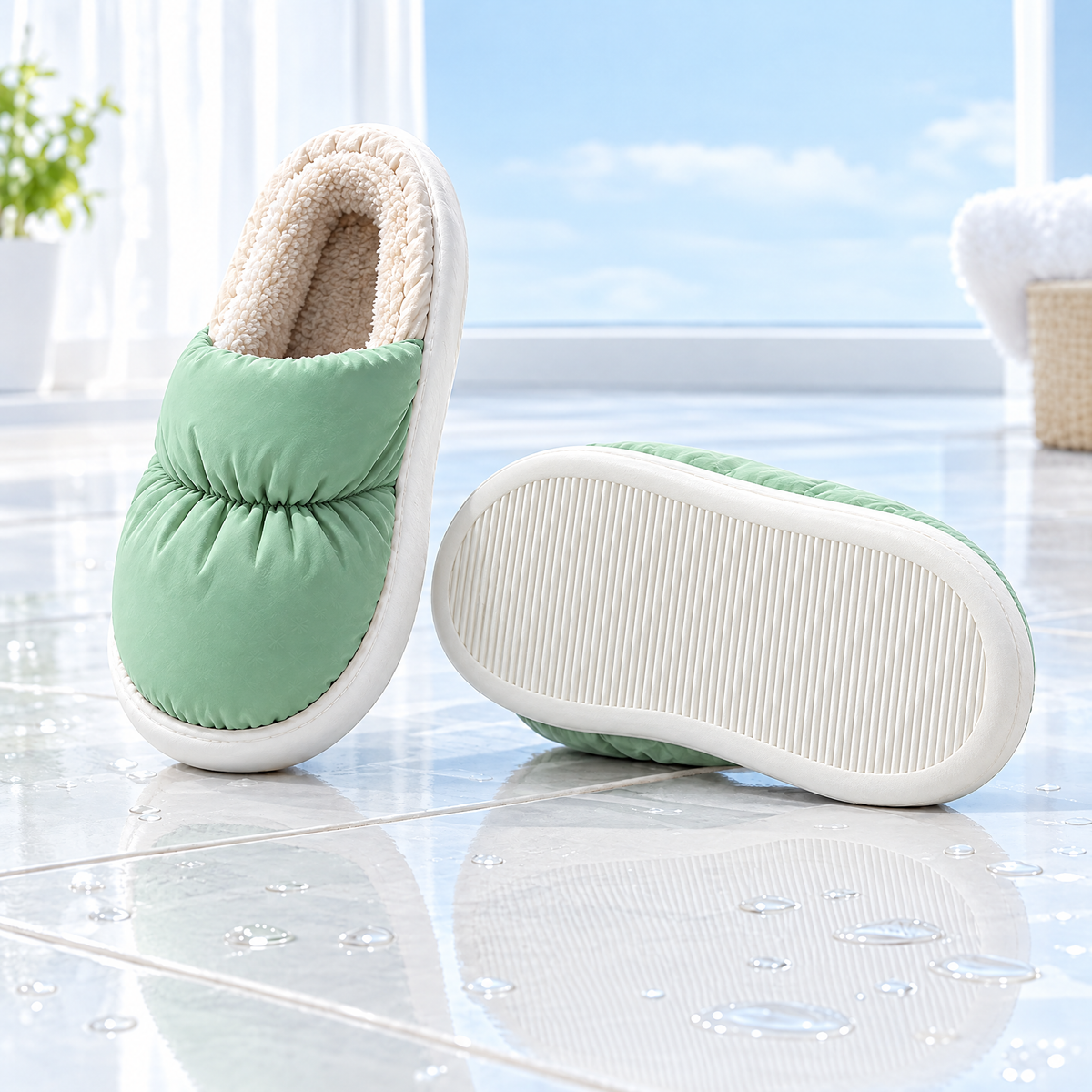 Anti-slip textured sole of green Cloowdy slippers on tiles