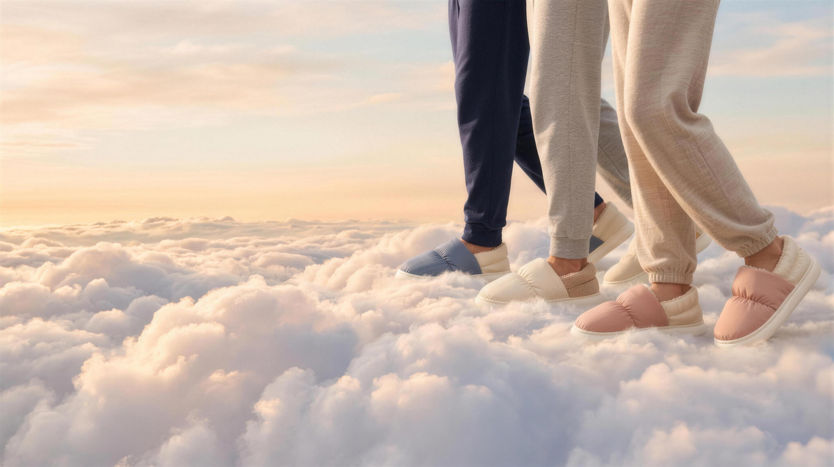 Three people walking on giant clouds in Cloowdy slippers
