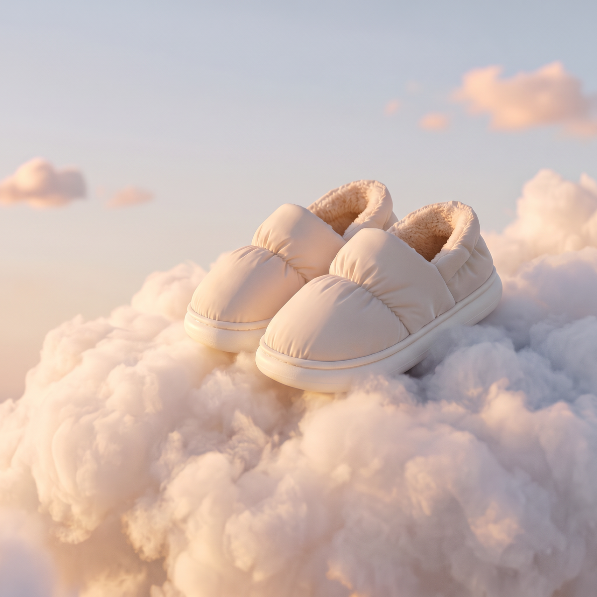 Cloowdy cloud-soft slippers resting on a giant cloud