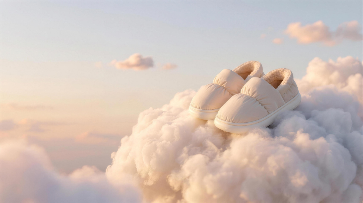 A pair of cream Cloowdy slippers resting on a giant cloud