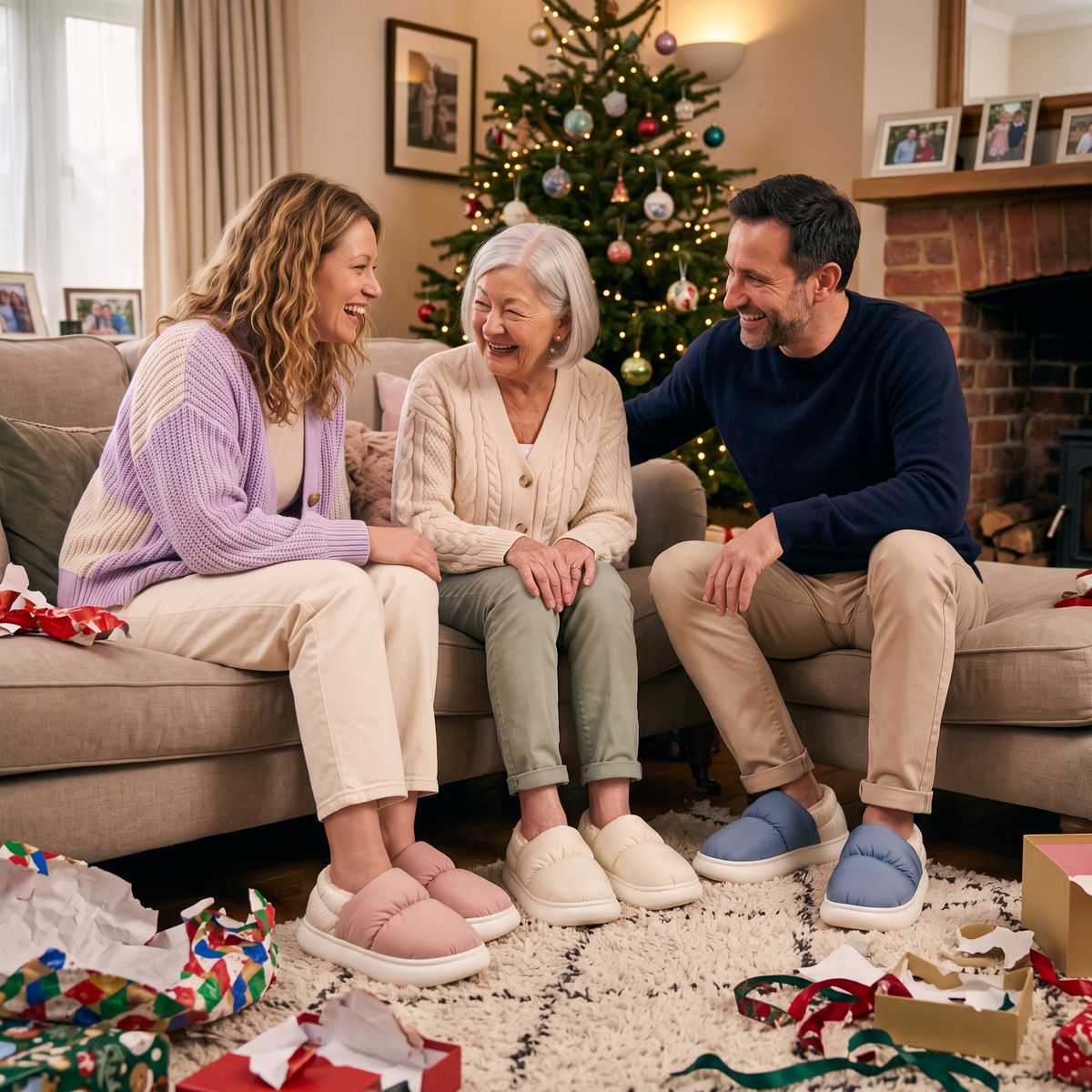 Three generations on Christmas morning, all wearing Cloowdy slippers in pink, cream and blue