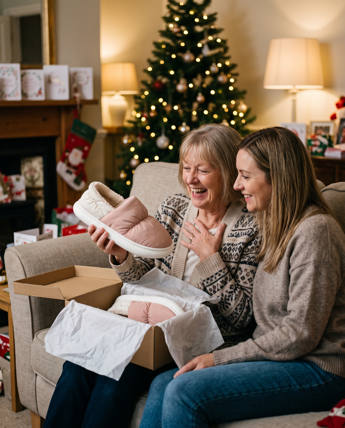 A mother laughing with delight as she unwraps Blush Pink Cloowdy slippers from her daughter at Christmas