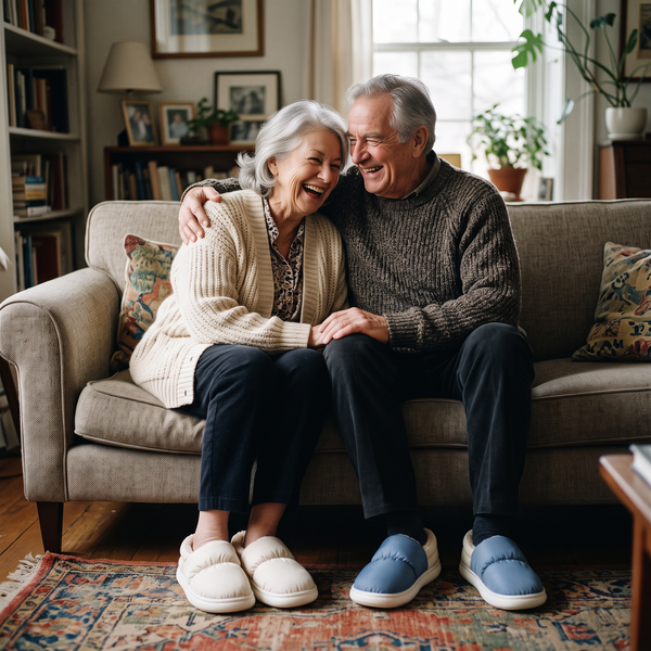 Grandparents laughing together on the sofa in their Cloowdy slippers