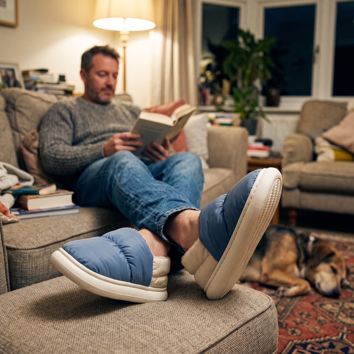 Man reading on the sofa with his feet up in Denim Blue Cloowdy slippers