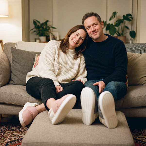 A couple relaxing on the sofa after work in their Cloowdy slippers