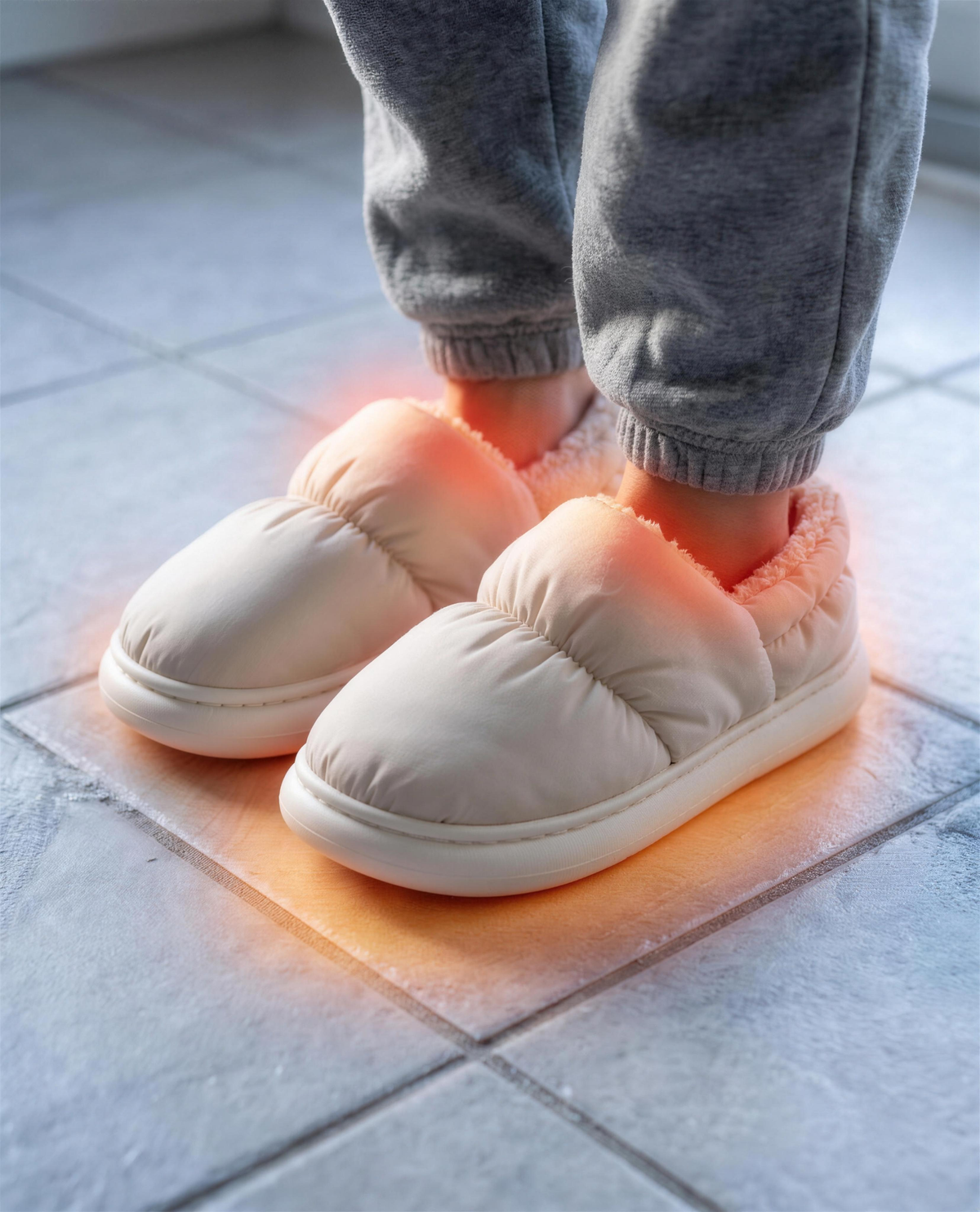 Cloowdy slippers with thick plush fleece holding in the warmth on cold kitchen tiles