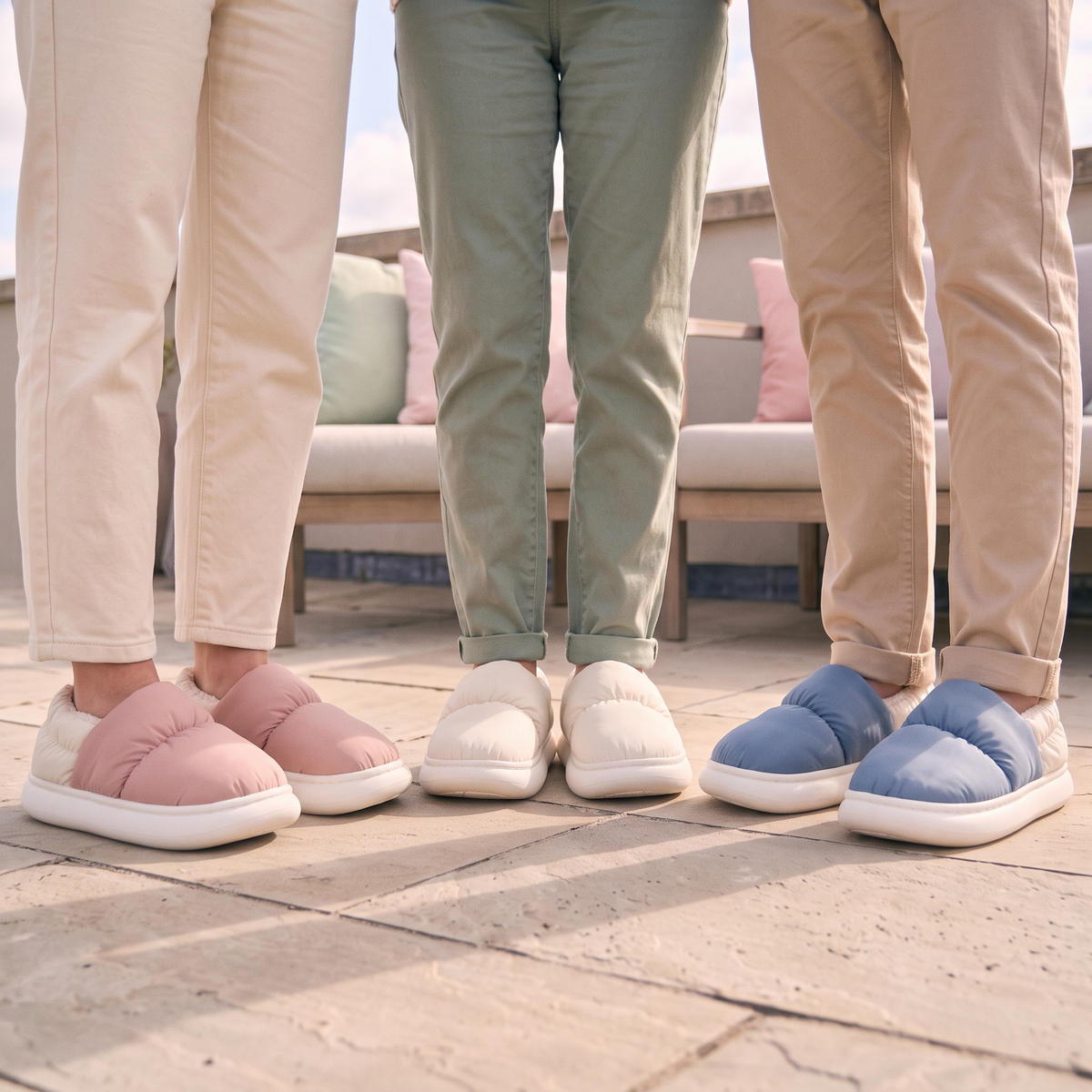 Three pairs of Cloowdy slippers worn side by side: Blush Pink, Cream and Denim Blue