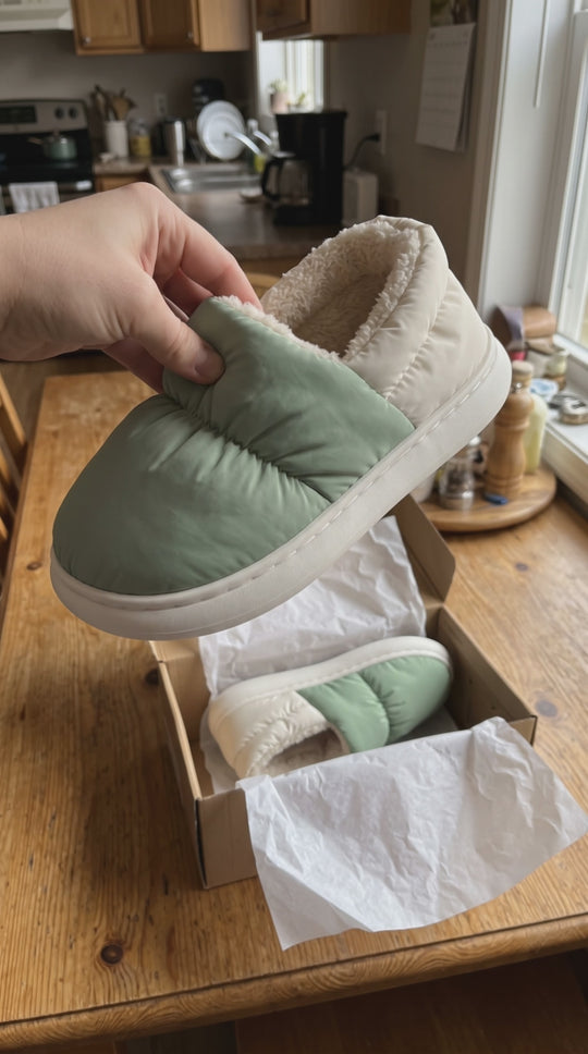 Squeezing a puffy sage green Cloowdy slipper and showing the fleece lining