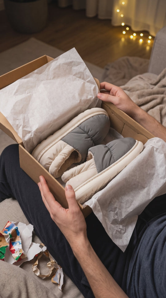 Unwrapping a gift box of slate grey Cloowdy slippers